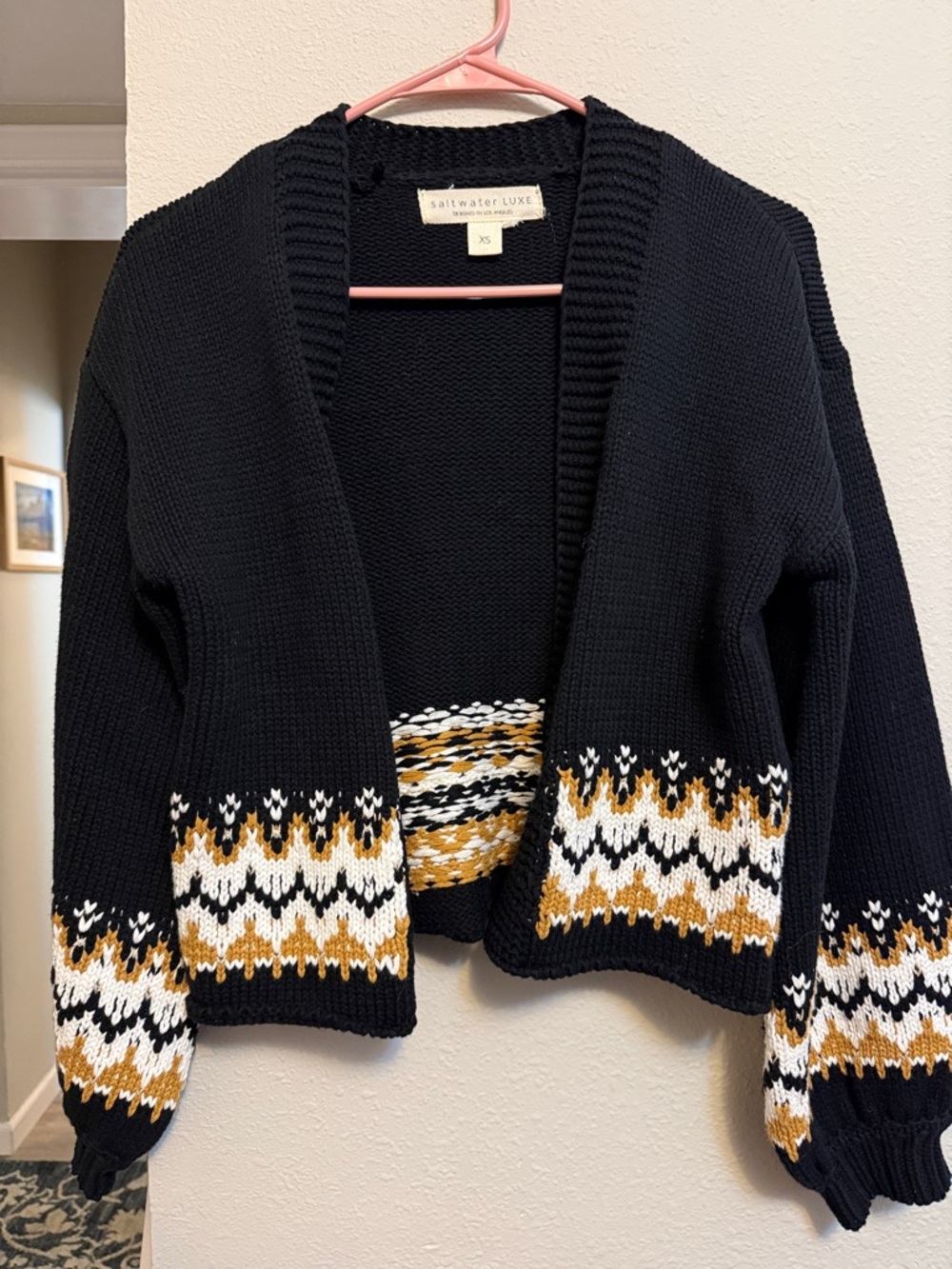 saltwater LUXE Black Cardigan with Gold and White Fair Isle Trim